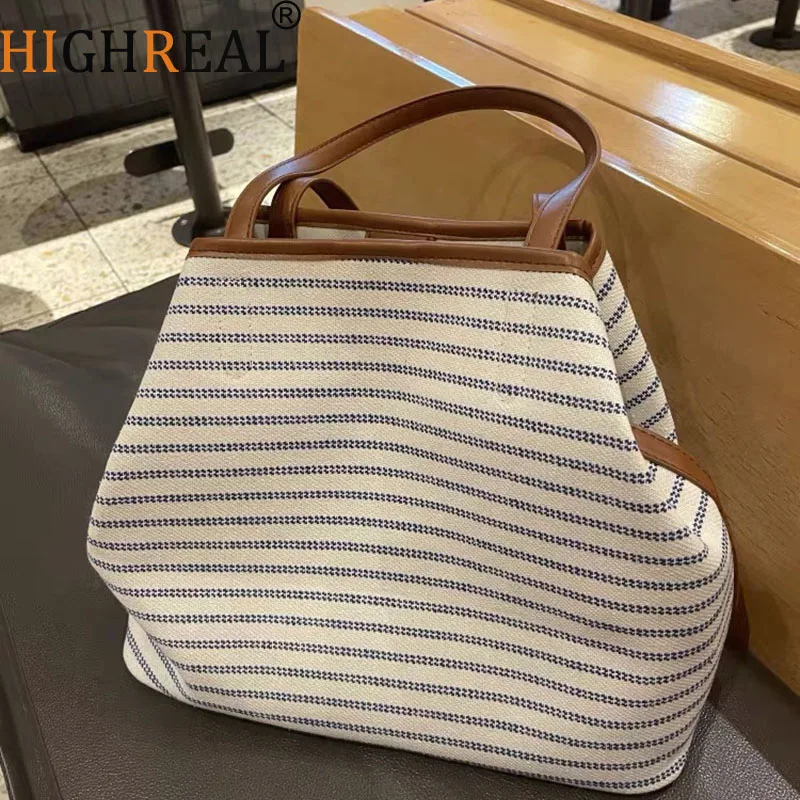 

Stripe Print Canvas Tote Bag Large Capacity Fashion Shoulder Crossbody Bag for School Work Shopping Retro Tote Handbag