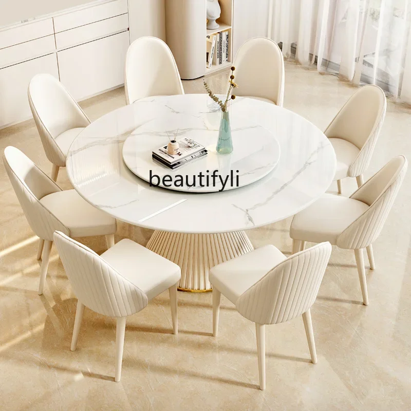 

Cream wind rock board dining table and chair combination light luxury small apartment restaurant white round table C56