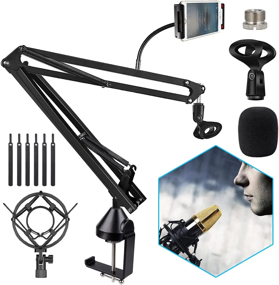 

Microphone Arm, Mic Arm Stand Boom Suspension with Shock Mount ,Wind screen Pop-up Filter, 3/8" to 5/8" Screw Adapter Clip for P