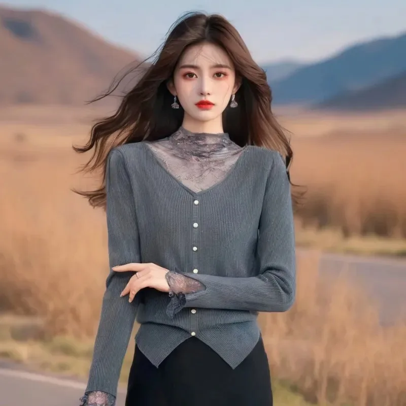 مزاجه نصف الياقة المدورة الدانتيل شبكة الربط سترة بلايز للنساء الخريف الشتاء نمط جديد قاع قميص سترة