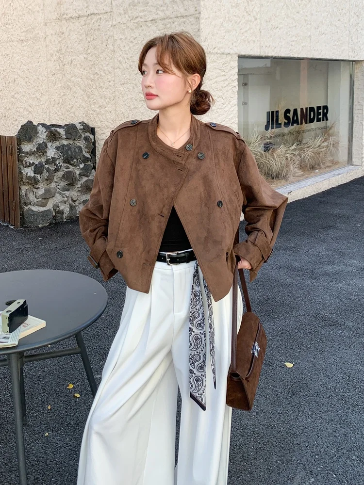 

Ретро-куртка женская однотонная с двойной застежкой на пуговицах, модная приталенная кожаная куртка в корейском стиле для осени и зимы