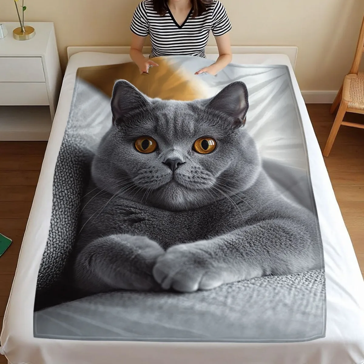 Manta personalizada para gato British Shorthair, diseño de retrato felino azul grisáceo
