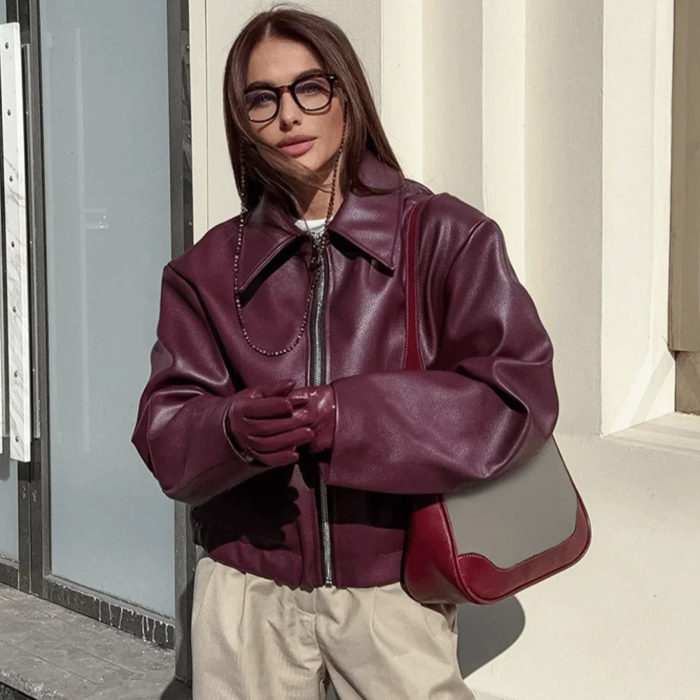 Motorcycle Gear Outfit - Chaqueta de cuero PU vintage, color