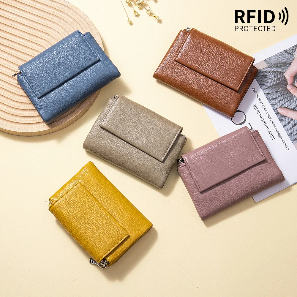 RFID Blocking Cowhide Leather Short Women Wallet Large Capacity Magnetic Snap Coin Purse for Ladies