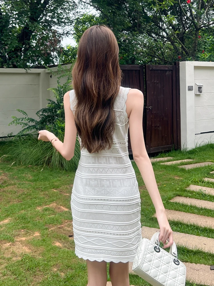 Women Clothes Sweater Sweet Casual Handmade Hook Flower Knitted Sleeveless Skinny Short Dress Elegant Lady Vestidos Summer New