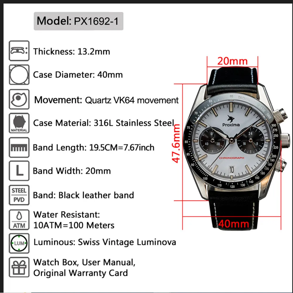 Proxima New Design Panda Men\'s 40mm Quartz Watch Ceramic Bezel Business Waterproof Watches Men Chronograph VK64 Reloj Hombre