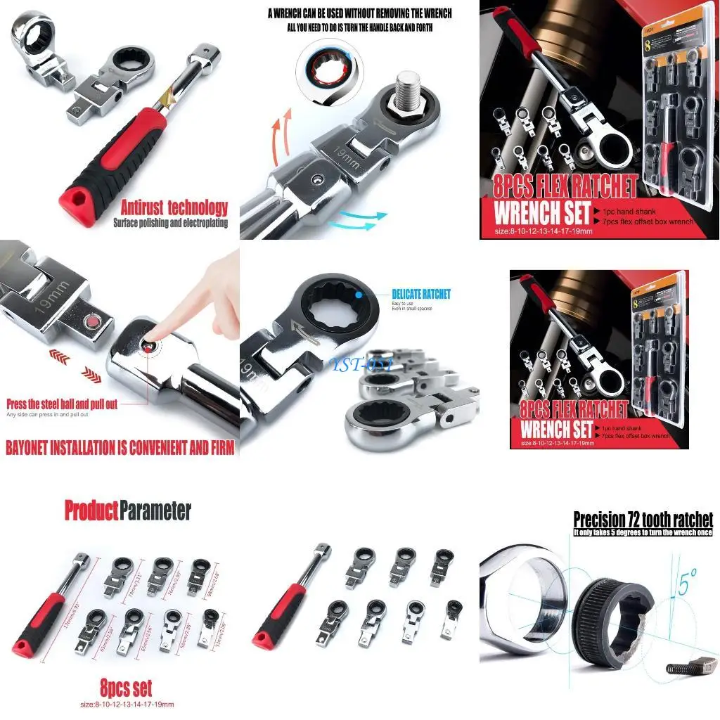 

E15A Head Ratchet Wrench Set, Metric Rotatable Combination Wrench with Interchangeable Variable Diameter Heads，8mm-19mm