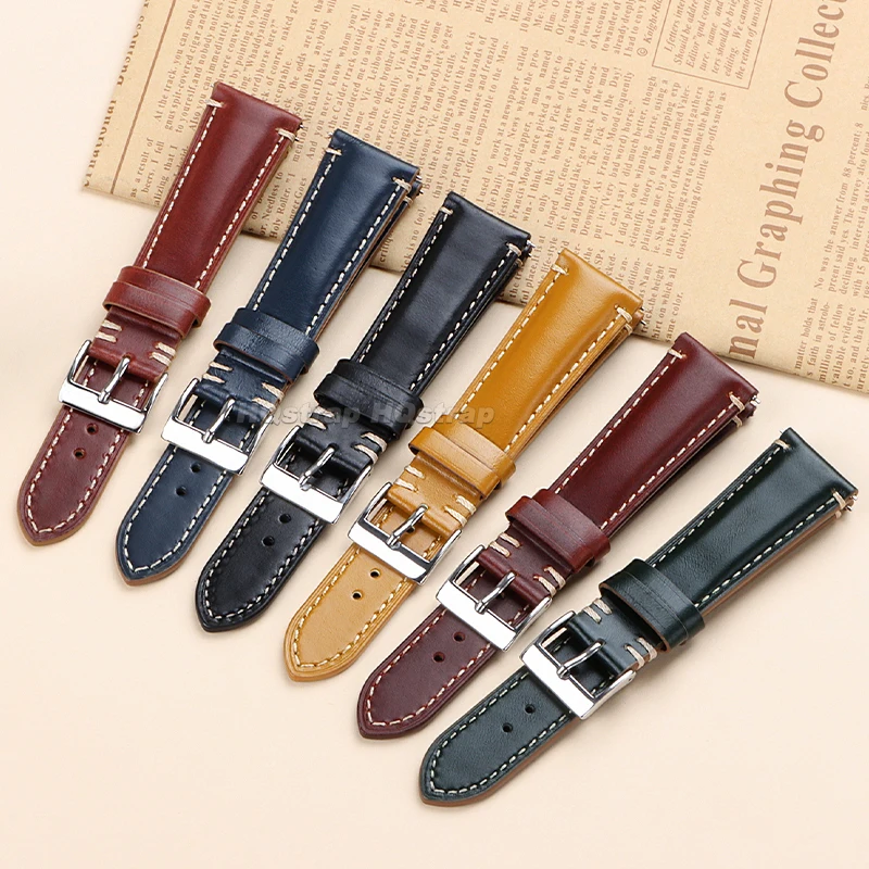 20mm 22mm 24mm Cowhide Leather Band for Seiko Quick Release Straps Retro Calfskin Wristband Soft Bracelet Universal Watchbands