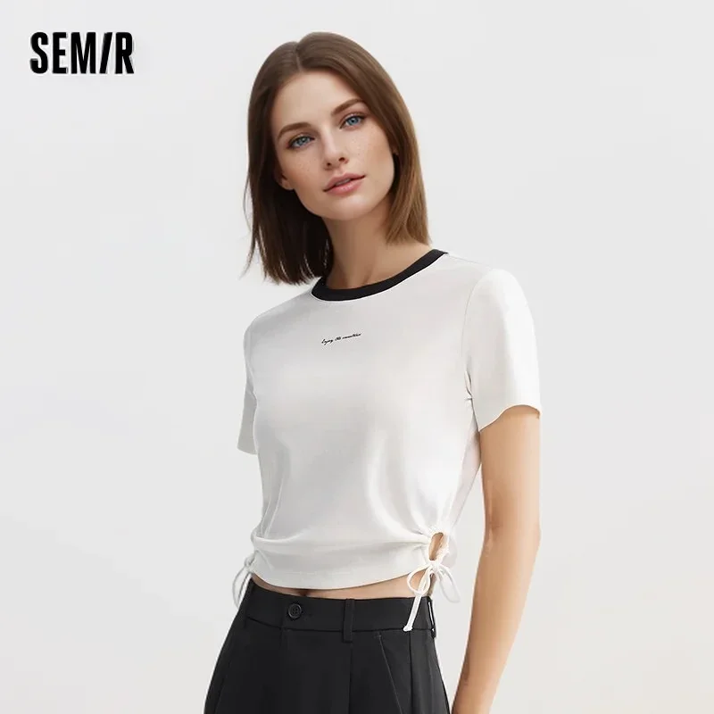 Semir Short-Sleeved T-Shirt Women Short And Simple Letter Print Color-Blocked New In 2024 Summer