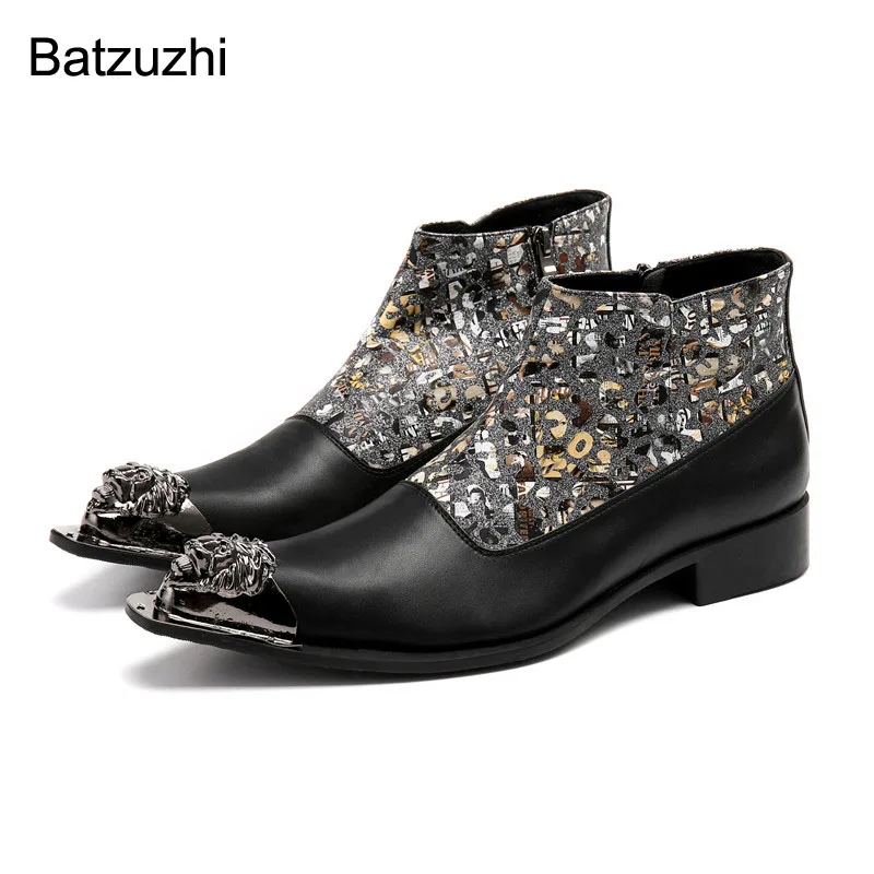 

Batzuzhi Fashion Men's Ankle Boots Genuine Leather Personality Pointed Metal Toe Zip Black Color Leather Motorcycle/Party Botas