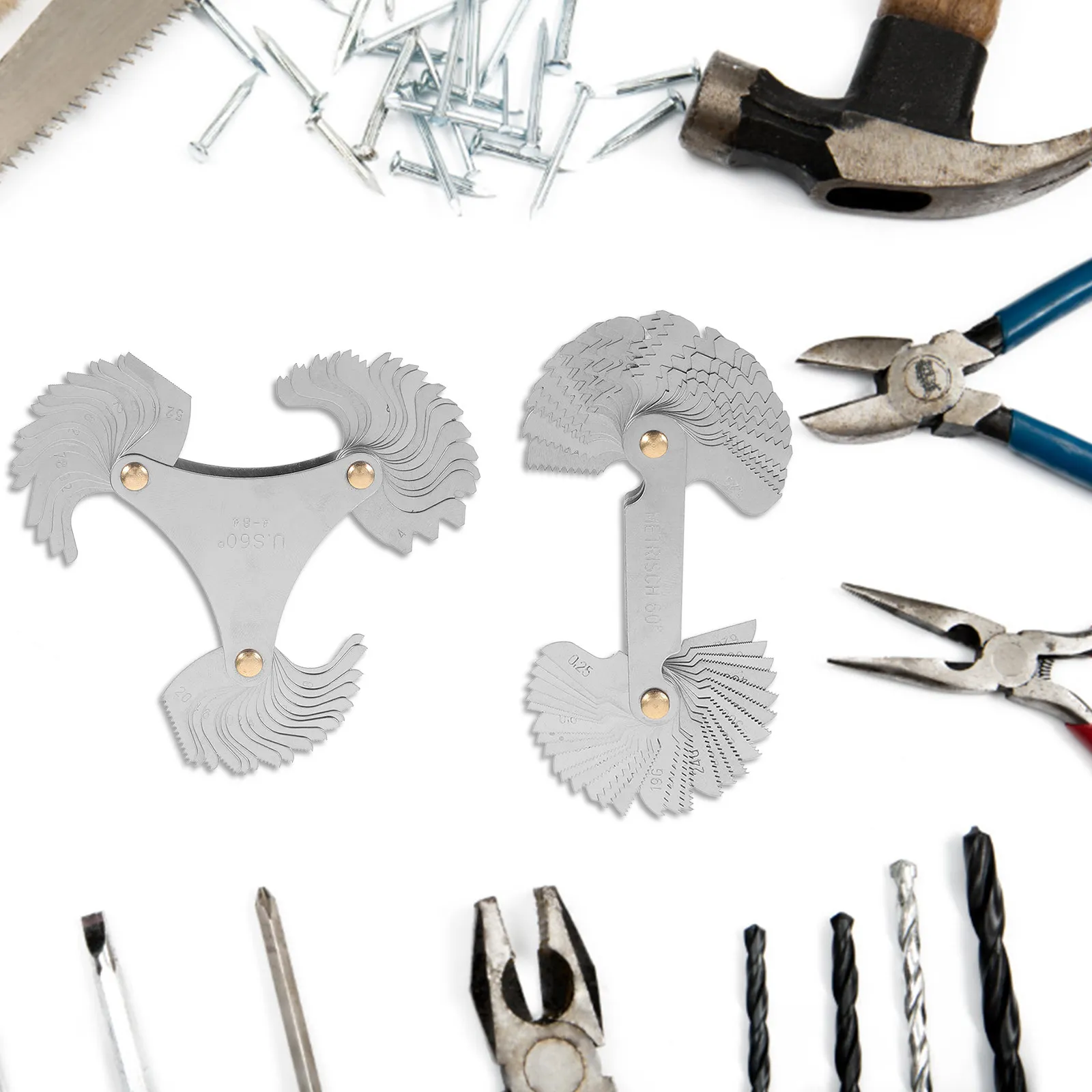 2Pcs Stainless Steel Thread Gauges Set Metric and Sae Pitch Measurement Tool High Accuracy Portable for Mechanical Repair DIY