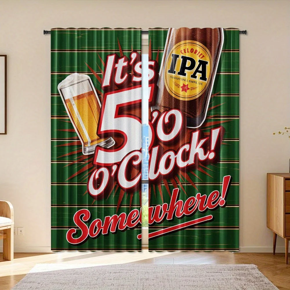 Beer Theme Curtain, It's 5 O'Clock Window Drape, Vintage Pub Sign Blackout Panel, Man Cave Bar Kitchen Decor