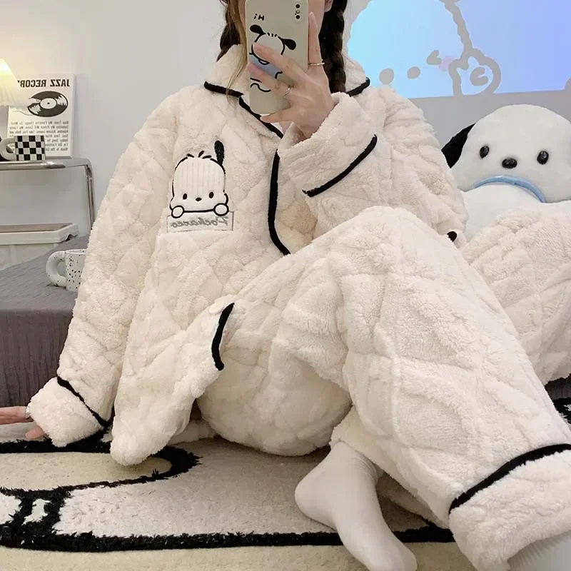 

Miniso Sanrio Thick Pajama Hello Kitty Cinnamoroll Pochacco Cute Extra-Thick Coat Pants Suit Warm Winter Clothing Friend Gifts