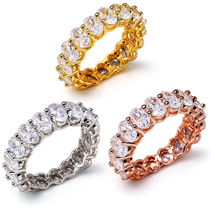 Oval Cut Zircon Full Eternity Band Ring for Women, 3 Colors Gold Silver Rose Gold, Stackable Wedding Band Fashion Jewelry Gift