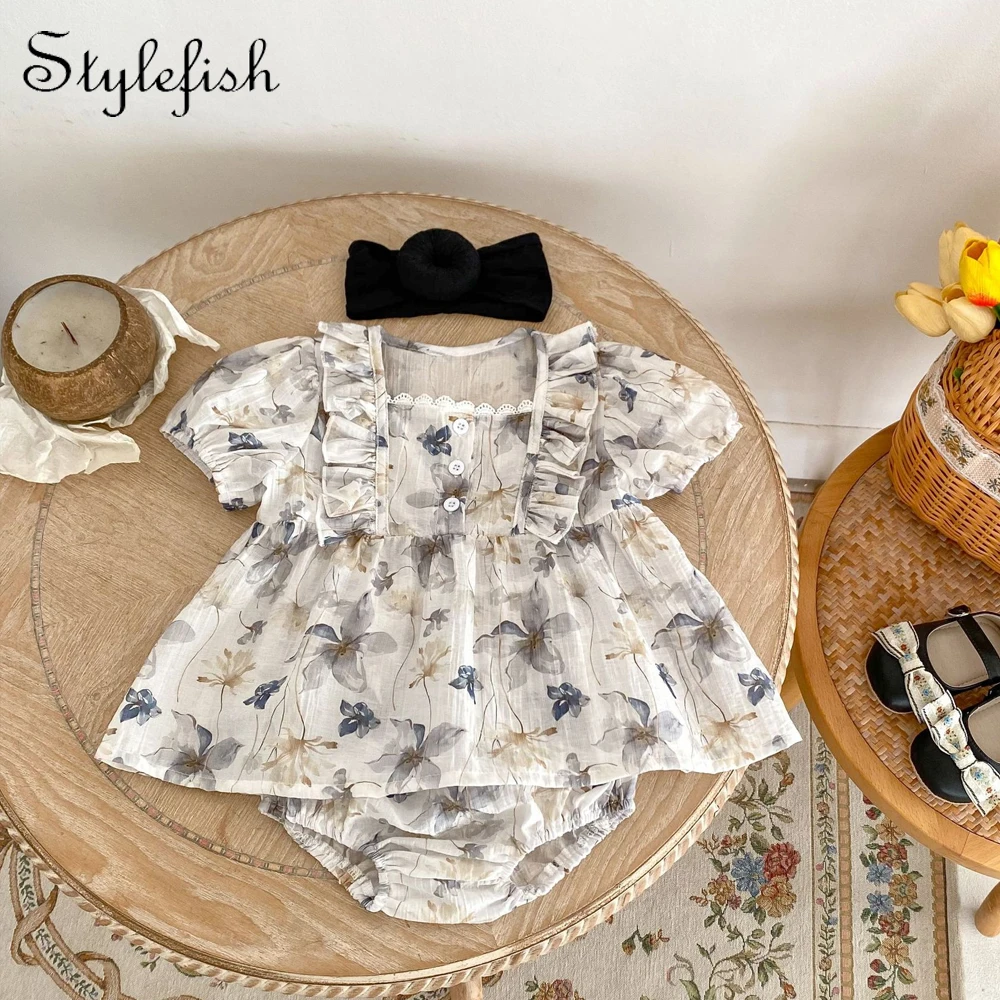 Summer New Baby Girl Ink Flower Print Square Neck Fashion Trend Short sleeved Top+Bottom Wrap Pants Personalized Set