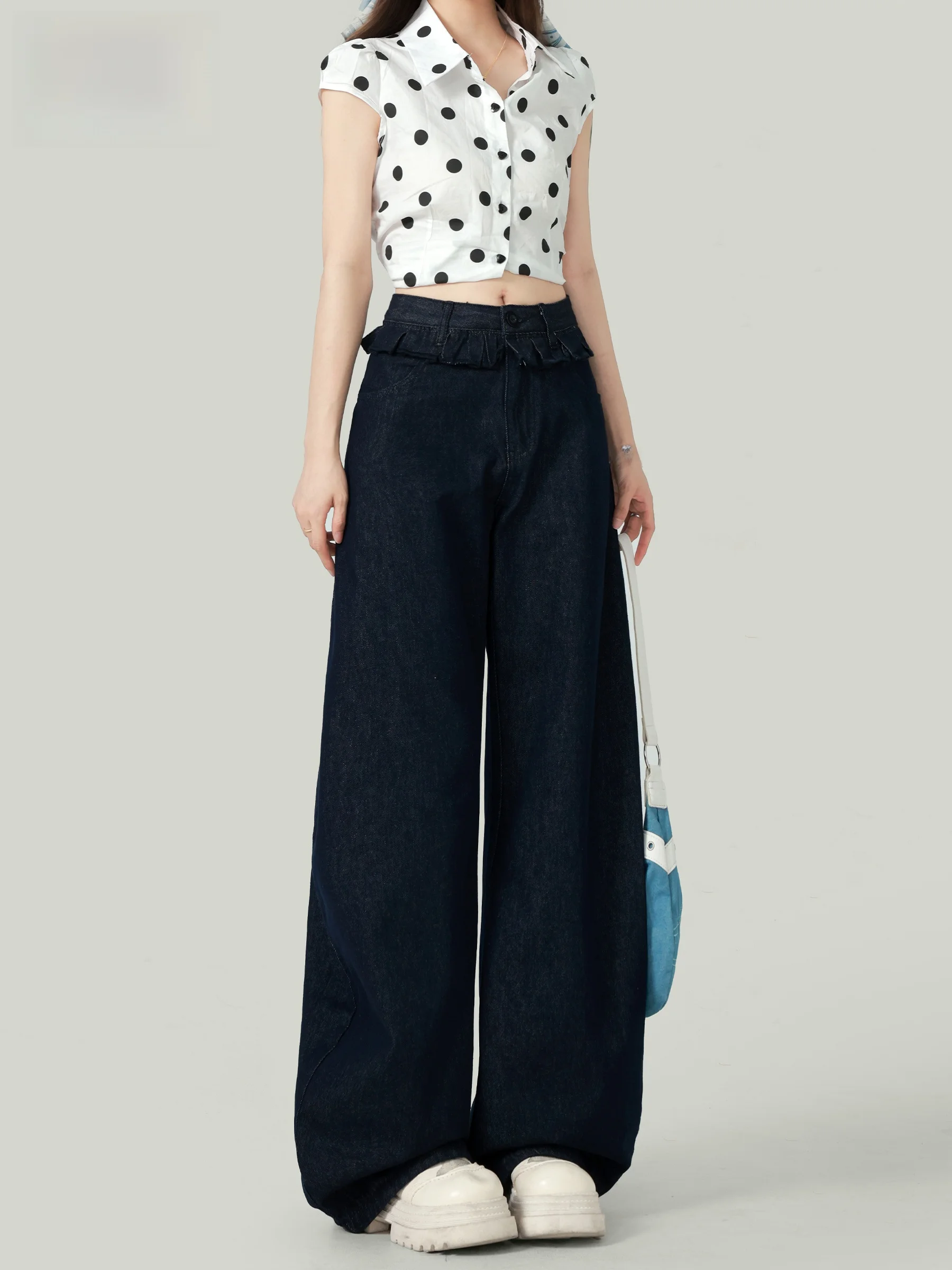 

Deep Blue American High Waist Wide Leg Jeans Women's Summer New Loose Slimming Lace Design Sensation Floor-Length Pants