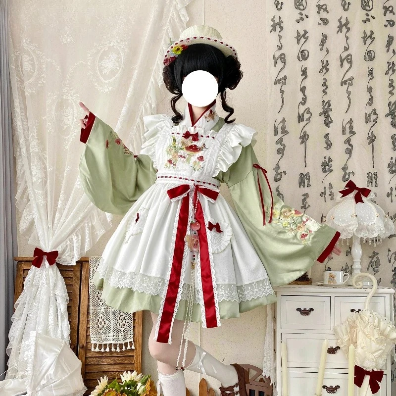 2025 ربيع جديد الحلو القوس التطريز Kawaii طالب كم طويل لوليتا فستان تأثيري الأصلي النمط الصيني لولي فستان المئزر البدلة