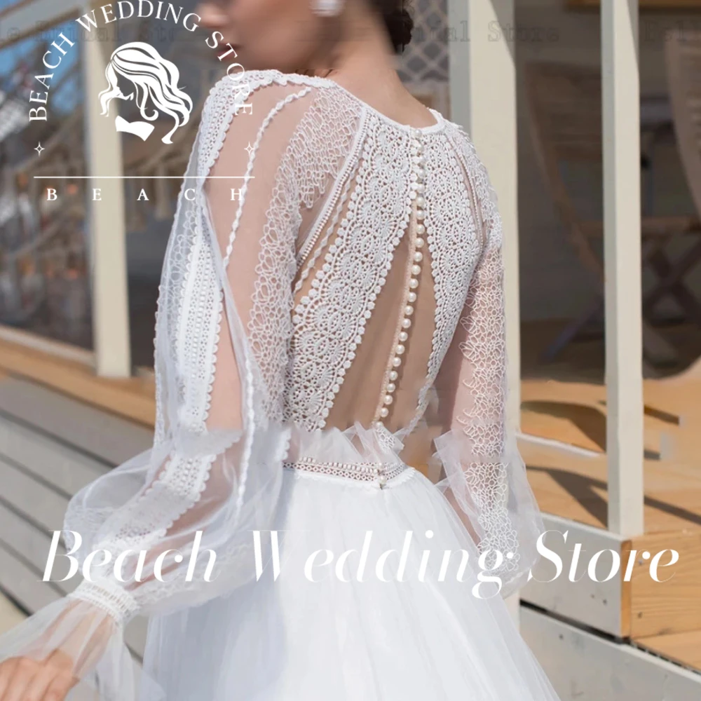 

Beach Customized Elegant A-Line Wedding Dresses Jewel Neck Long Sleeves Bridal Gowns Lace Sweep Train Illusion Tulle Vestidos