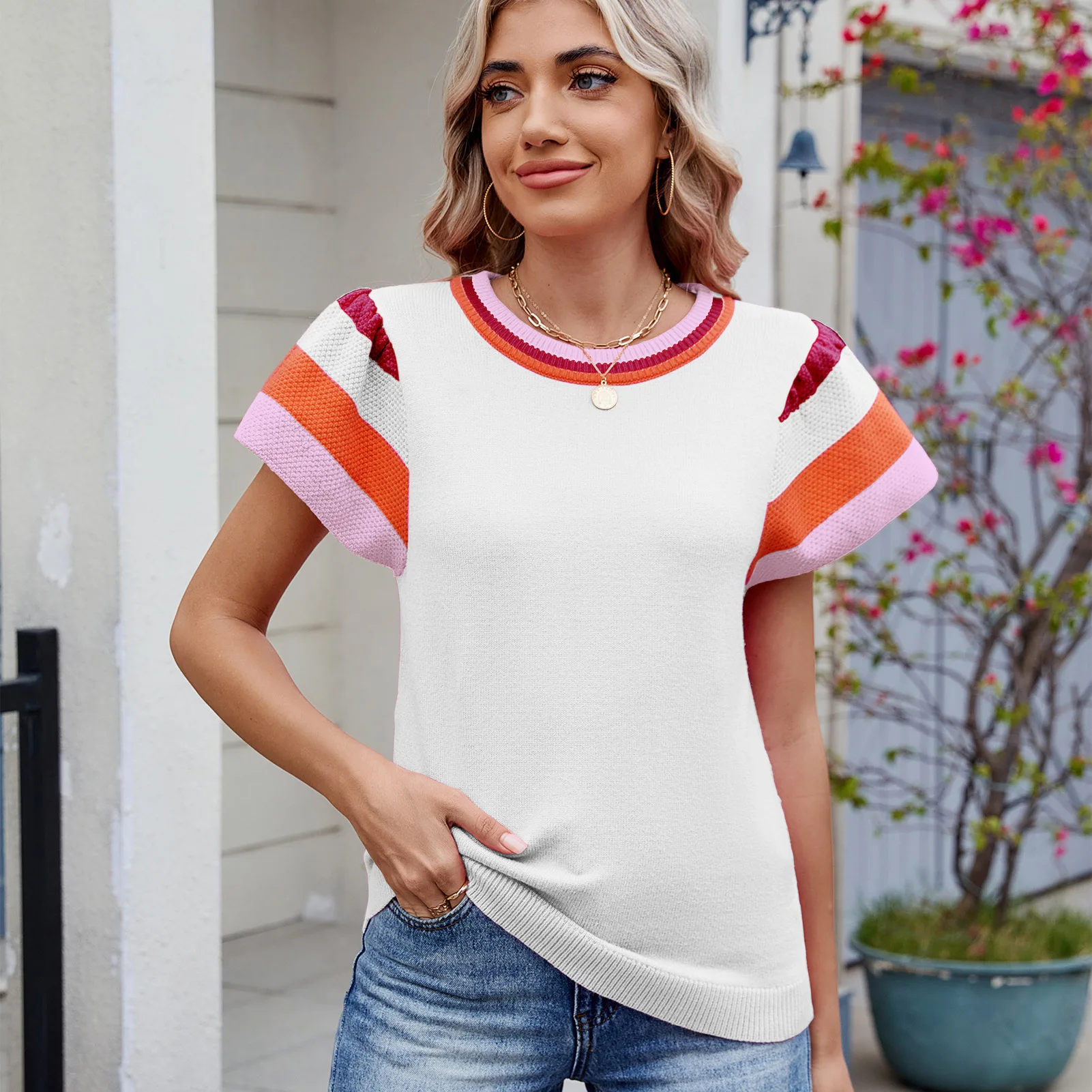 유럽과 미국의 패션 여성 여름 신상품 풀오버 라운드 넥 니트 탑 반팔 스웨터 여성 의류