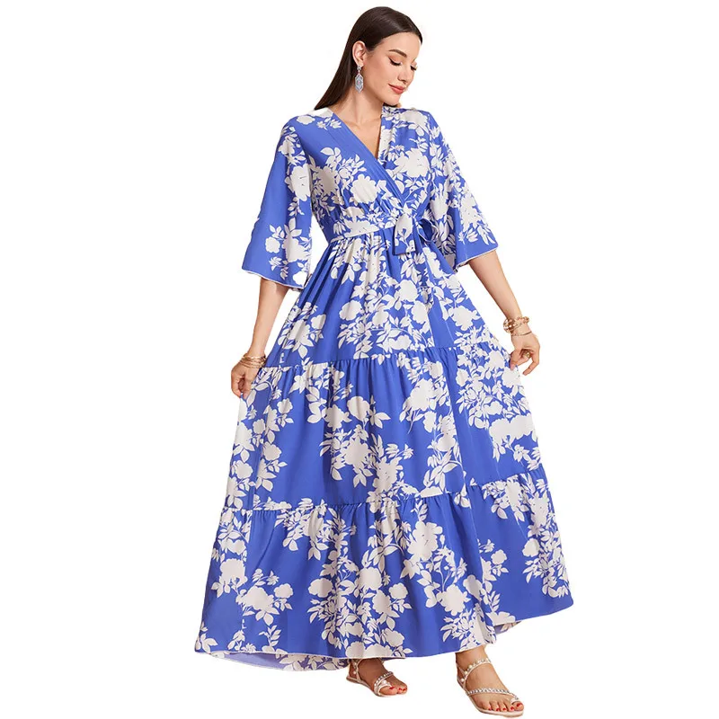 Eid Muslim Women Dress Sashes Jalabiya Flower Print Long Robe Ramadan Morocco Dubai Vestidos Arab Abayas Kaftan Islam Dresses