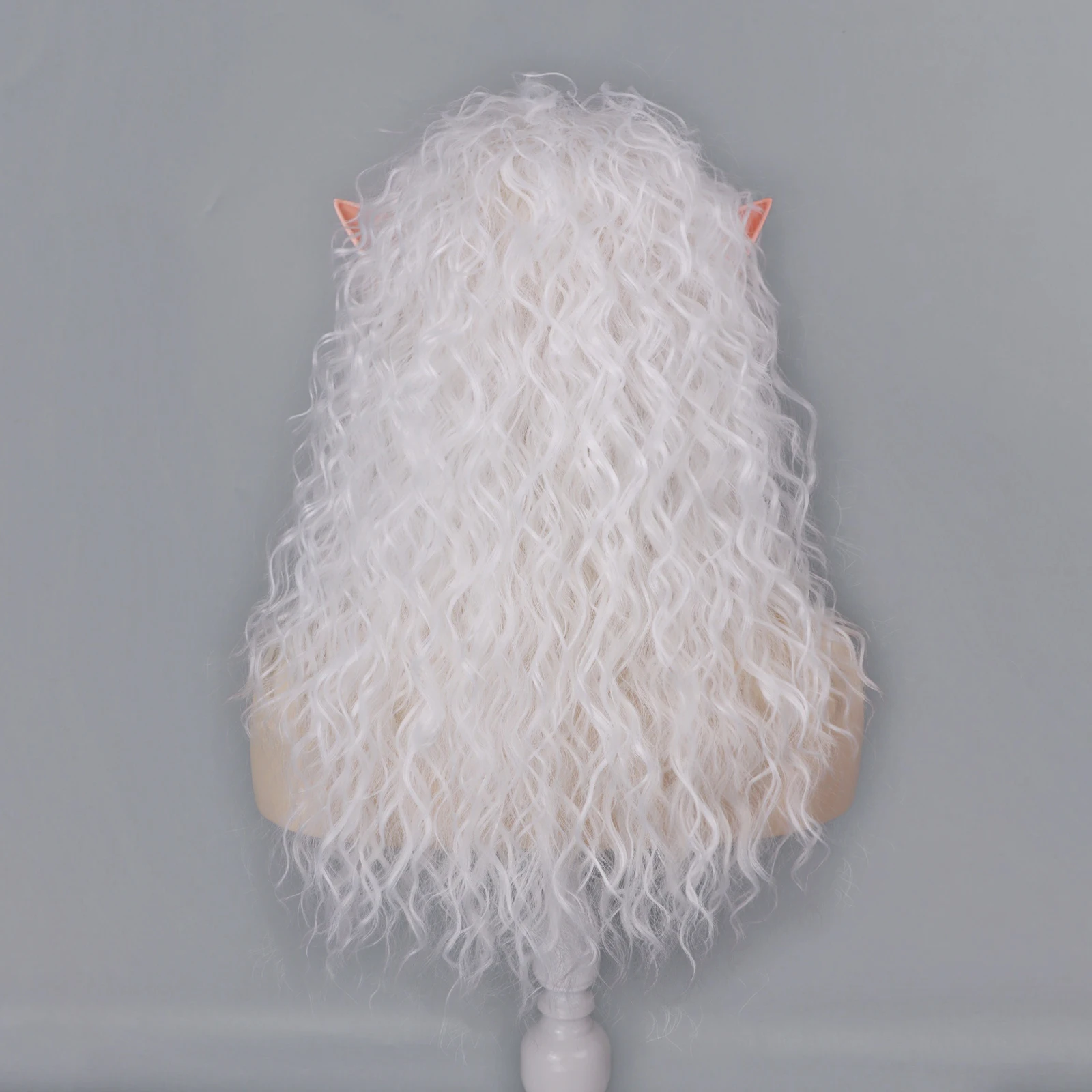 White Curly Wig and Elf Ears for Women Costume Long Curly with Bangs Heat Resistant Synthetic Cosplay Halloween Christmas Party