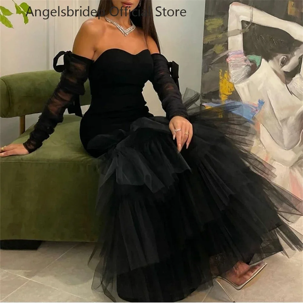 

Black Arabia Prom Dresses Fashion Pleat Mermaid Prom Gowns Tiered Tulle Dubai Formal Party Gowns Vestidos De Fiesta