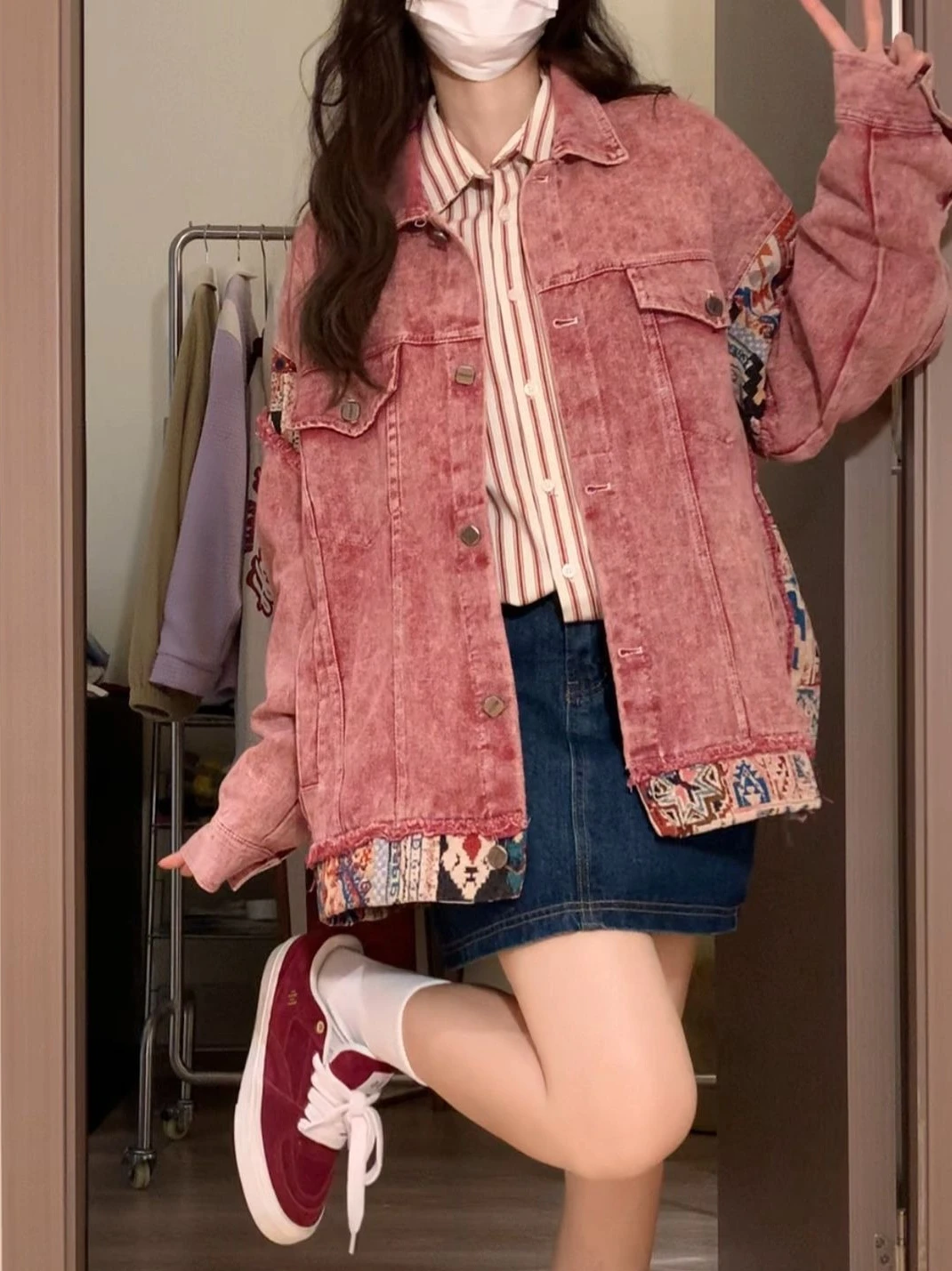 

American Pink Patchwork Denim Jacket For Women's Spring And Autumn Design Jeans Coat Loose Ethnic Style Color Contrast Top