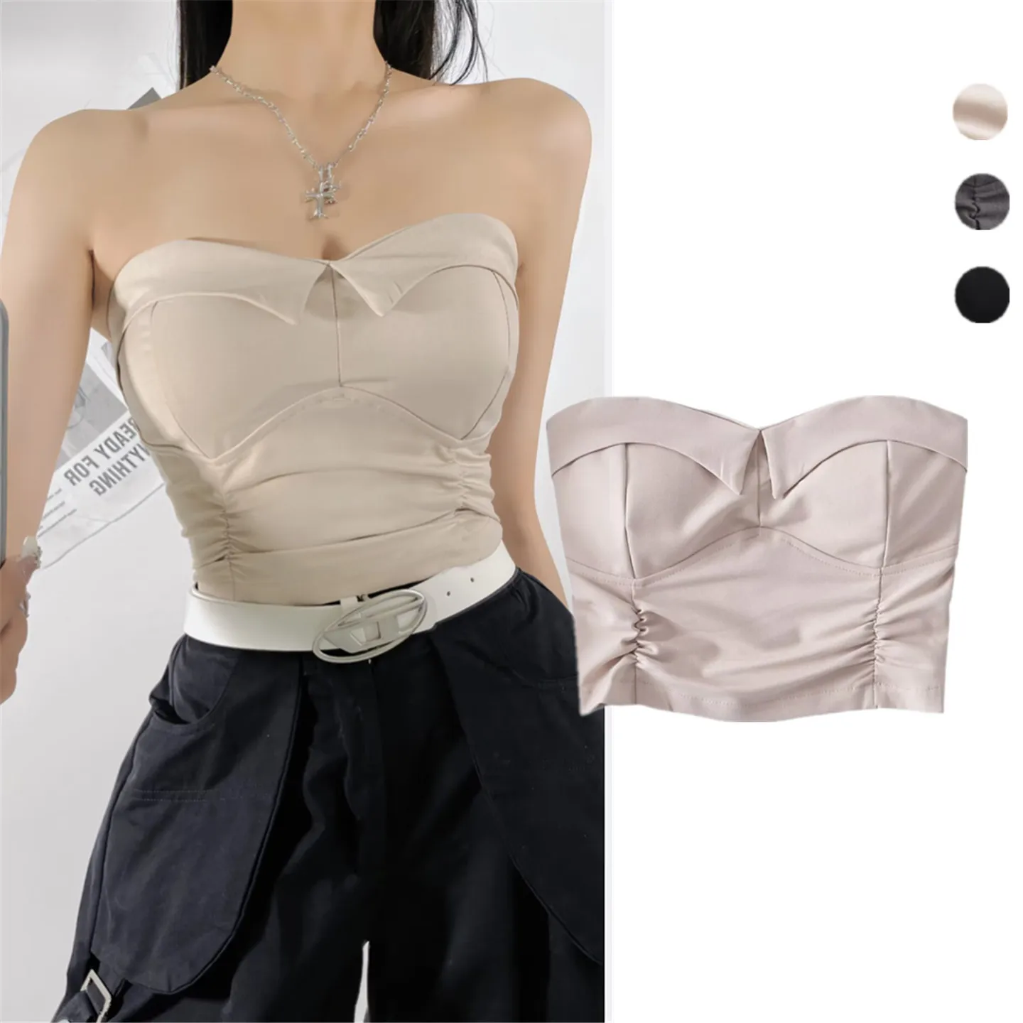 

Sexy Bandeau Crop Top Strapl Bal Slim Fit Folded Anti-Light ort Sle Women's Vest Cover-Up Trendy Commute Wear