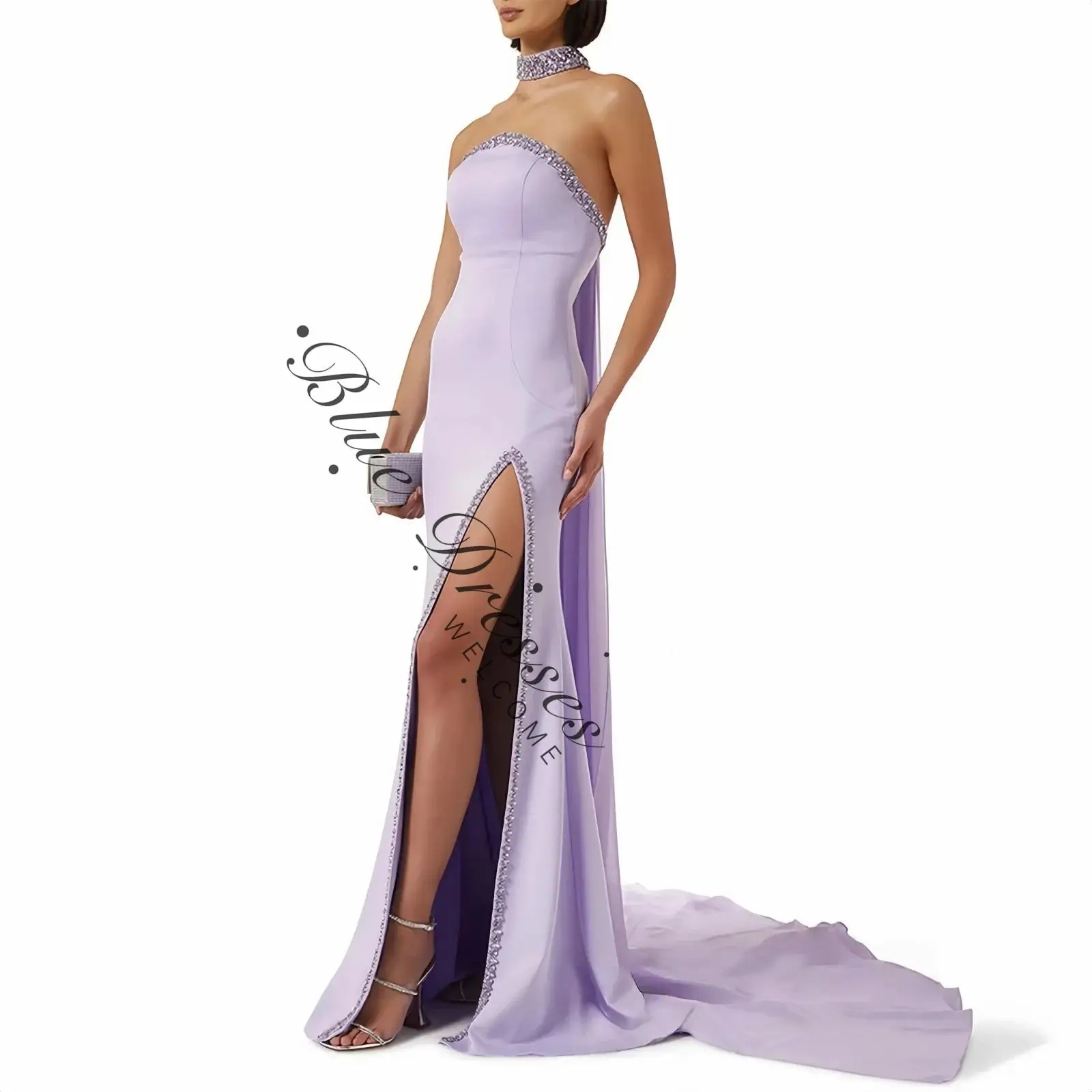 

customized Evening Dress Customized Halter Cape Sleeveless High Split Crystals Saudi Arabia Prom Gown Party Dresses