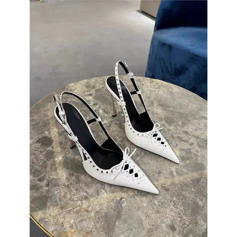 

2026 New Women White Patent Leather Heels Lace Up Rivet Hollow Closed Toe Pumps Pointed Toe Metal Stiletto Heel Dress Shoes