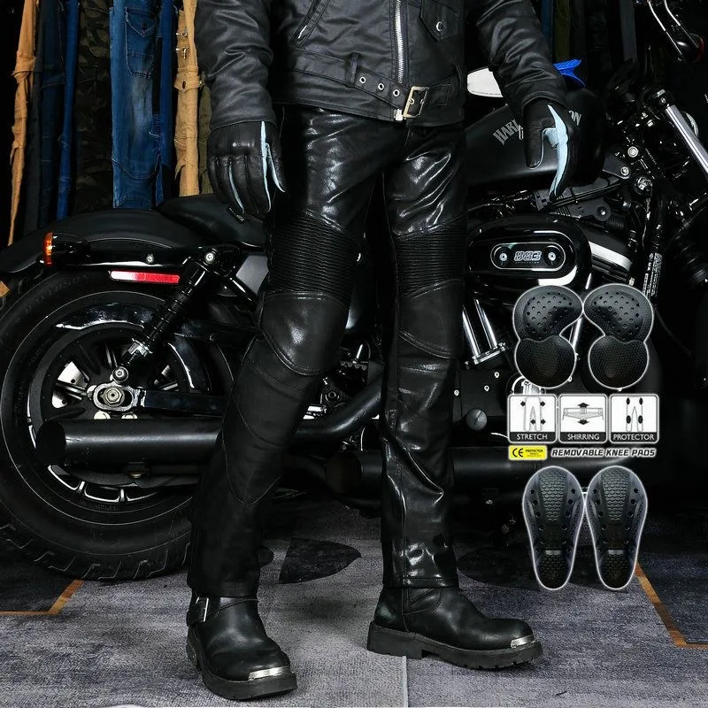 

Motorcycle Black Men Leather Pants Outdoor Protective Knee Hip Pads Motocross Racing Pants Motorbike Cycling Trousers 2024