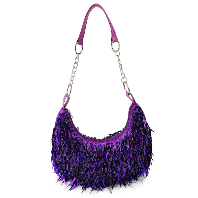 2025 Luxury Full Handmade Beaded Sequin Tassel Underarm Bag New Fashion Crescent Bag Shiny Evening Clutch Bag Shoulder Bag