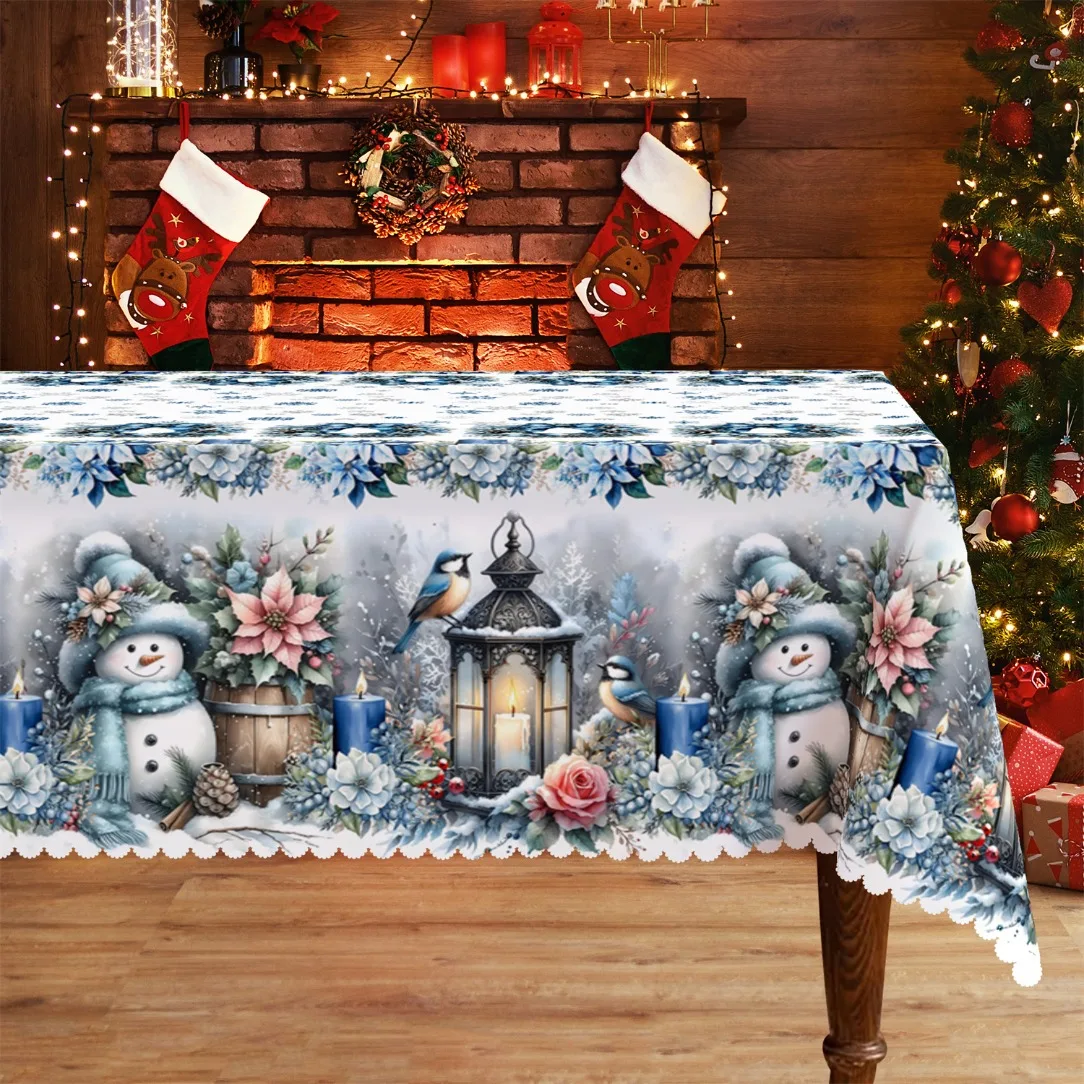 VIKAMA Winter Snowman Tablecloth Blue Lantern Candle Poinsettia Pinecone Washable Rectangle Table Cover for Christmas Dining