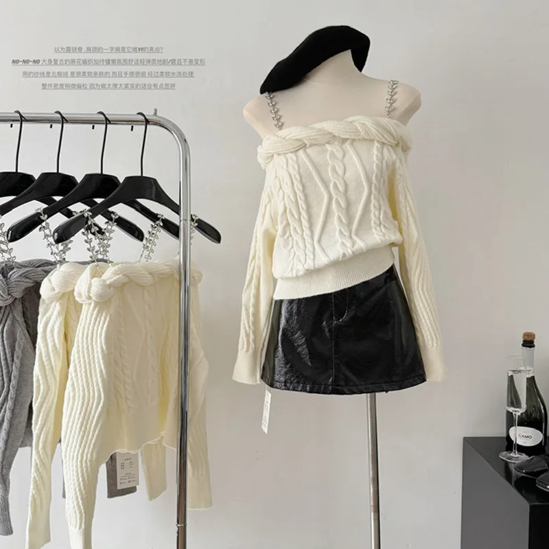 

Women Slim Off Shoulder Knit Sweater Slash Neck Long Sleeve Knitwear Jumpers Office Sweater For Women Autumn Winter New