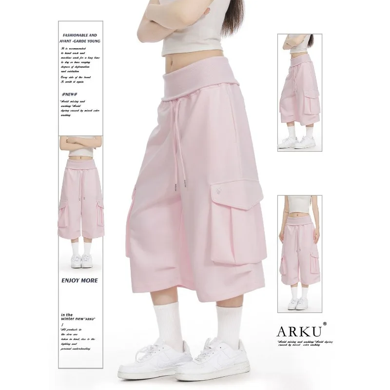 Summer New Pink Casual Workwear Cropped Pants Women Y2k High Waist Loose Wide-Leg Sports Mid-Length Pants Casual Clothing 2026