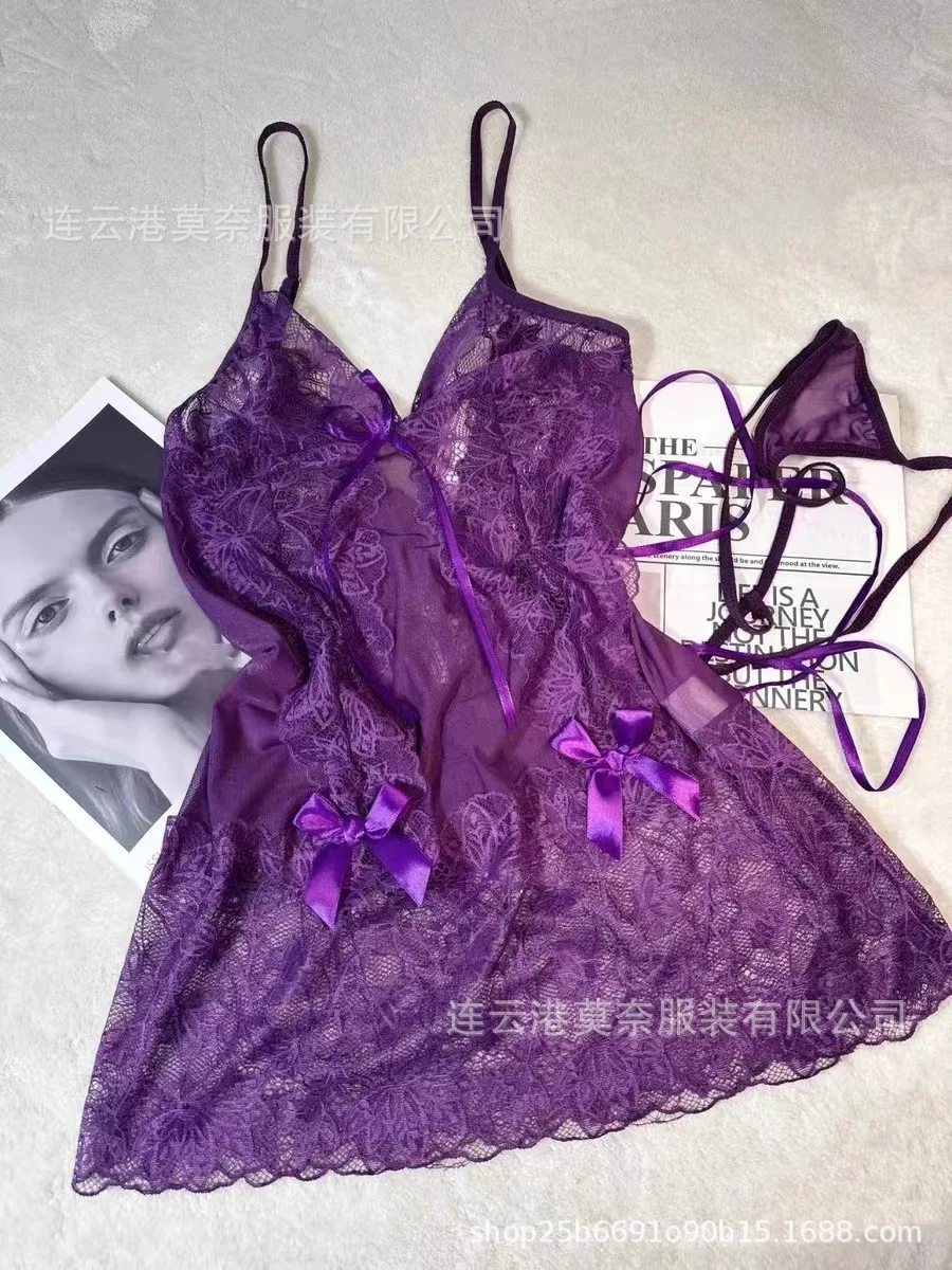 Sexy nouvelle dentelle chemise de nuit été Sexy jarretelle chemise de nuit robe élégante violet doux col en V réservoir Mini robe douce mode 6LIL