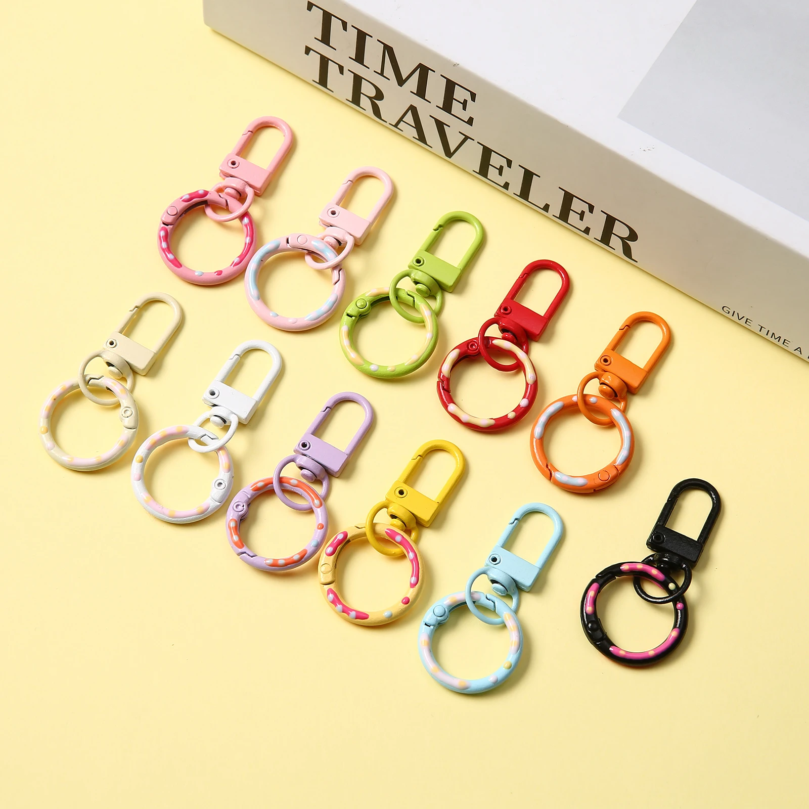 Cute Polka Dot Printed Spring Open Ring 360° Rotatable Lobster Clasp Macaron Color Alloy Snap Hook DIY Keychain Bag
