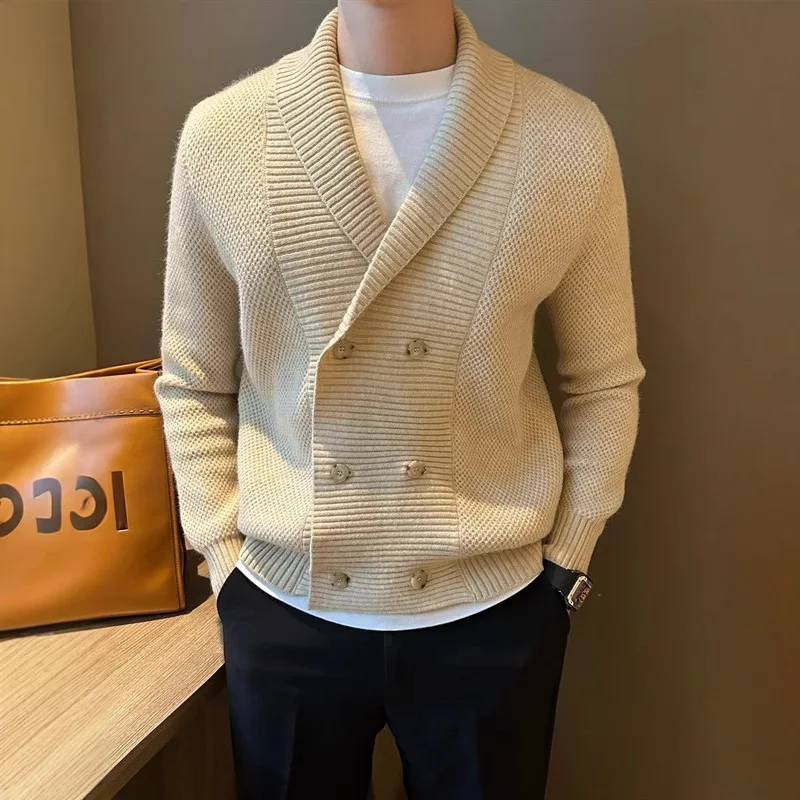 Vintage Heavy Weight Knitted Cardigan For Men Shawl Collar Double Breast Knitwear Autumn Winter Warm Sweater Streetwear XJ35