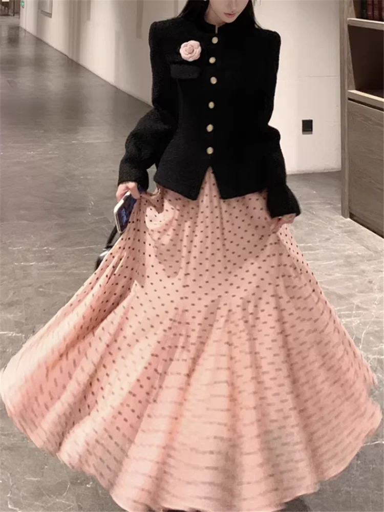 

Vintage Hepburn Elegant Women 2 Pieces Sets Stand Collar Black Jacket&Polka Dot Pink Long Skirt Celebrity Matching 2pc Suits