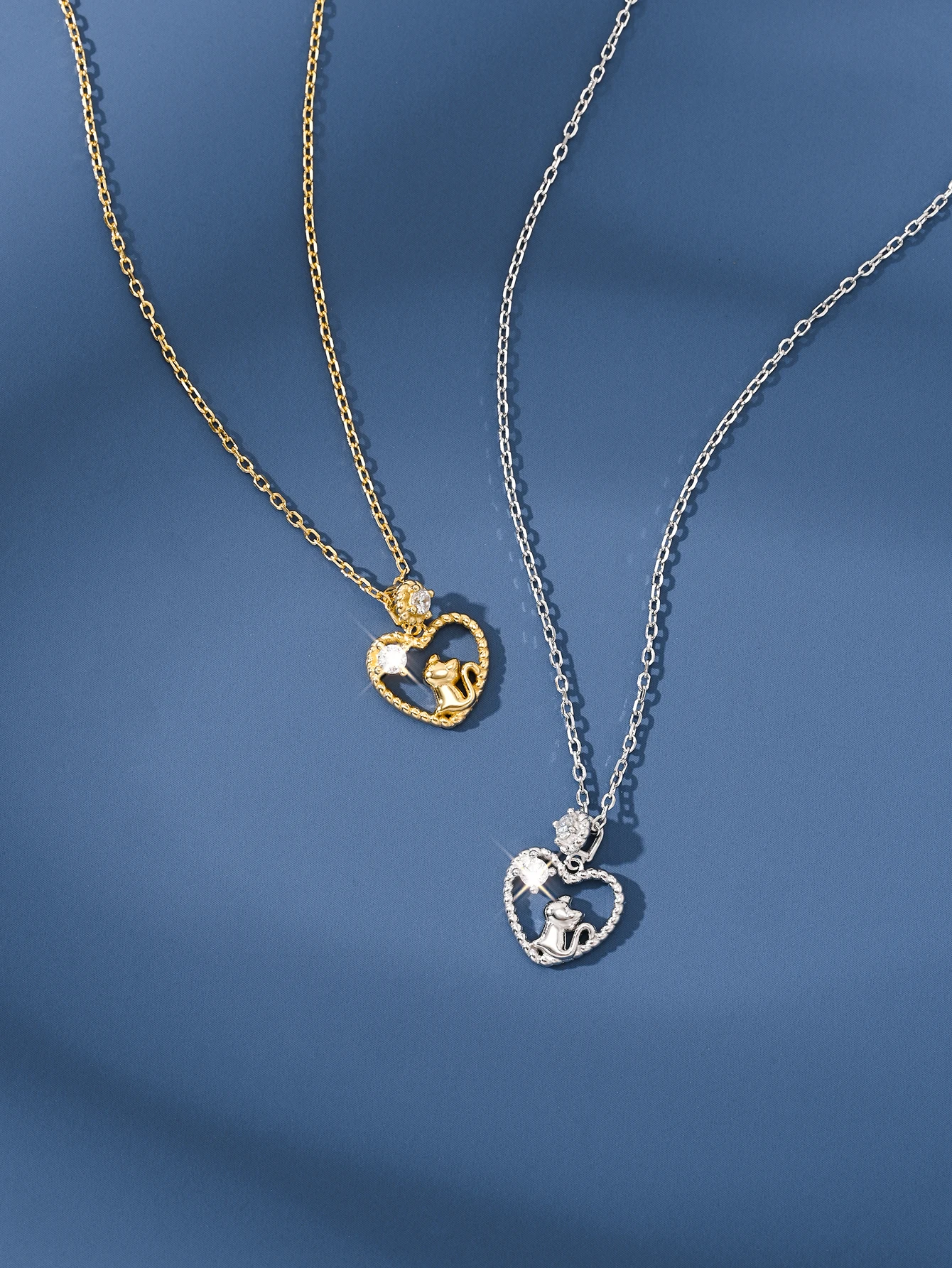 925 Sterling Silver Dainty CZ Cat Heart Necklace, Gold/Silver Plated Hollow Twisted Edge Kitten Pendant, Lovely  Accessories