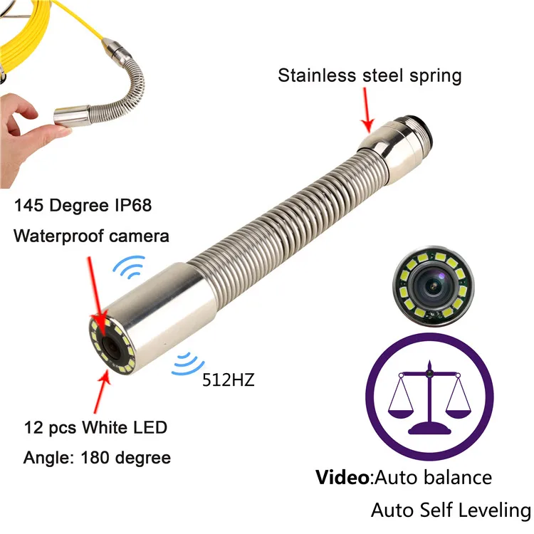Sewer Pipe Inspection Camera 9inch IPS 1080P Self-Leveling 512HZ Locator 7MM Video+Audio Record 5X Image Enlarge+Meter Counter