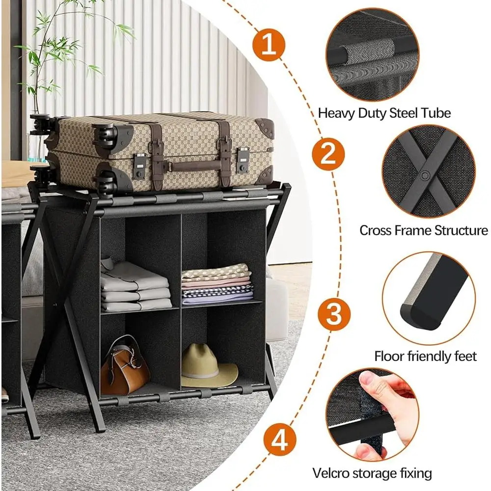 Guest Room Folding Luggage Rack Suitcase Stand with Fabric Storage Rack Compact Steel Holder Easy Packing Unpacking