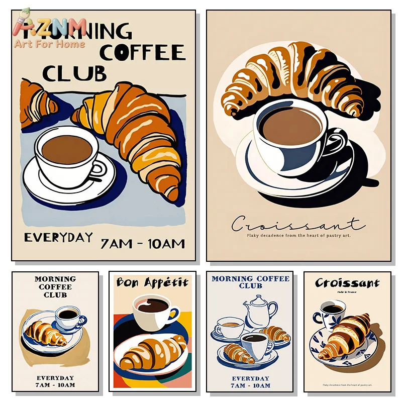AZNM Retro Coffee Croissant Canvas Wall Art Vintage Breakfast Poster Morning Coffee Club French Food Illustration Kitchen Cafe D