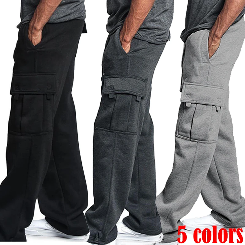 New Casual Men\'s Drawstring Elastic Waist Solid Color Pocket Cargo Pants Sports Pants Sweatpants