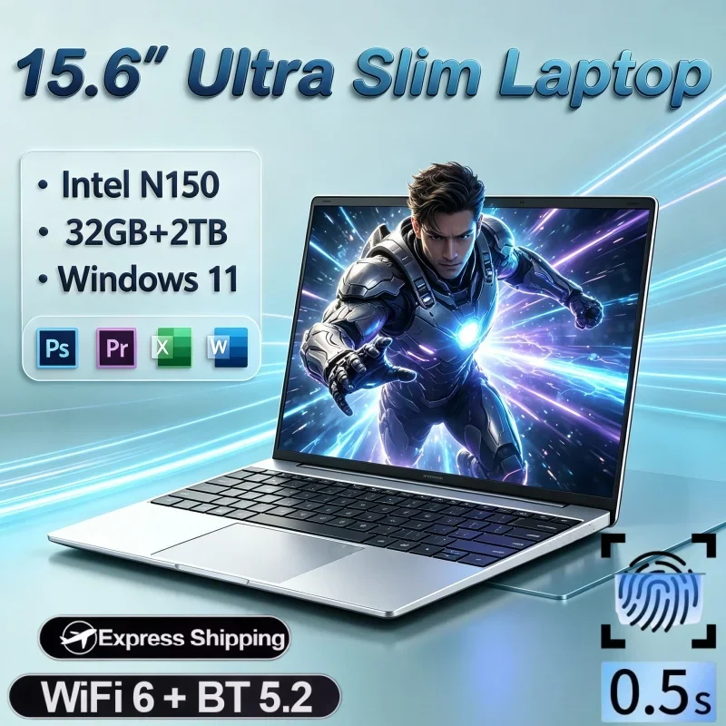 15.6 Inch Lightweight Business Notebook Intel N150 32GB RAM 2TB SSD Windows11 Fingerprint Unlock Portable Daily PC