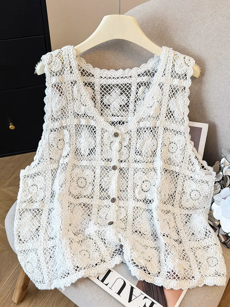 Floral Crochet Lace Vest Button Down Sleeveless Hollow-out Openwork Knit Blouse Women Beach Cover-up Spring Summer 2026 Boho