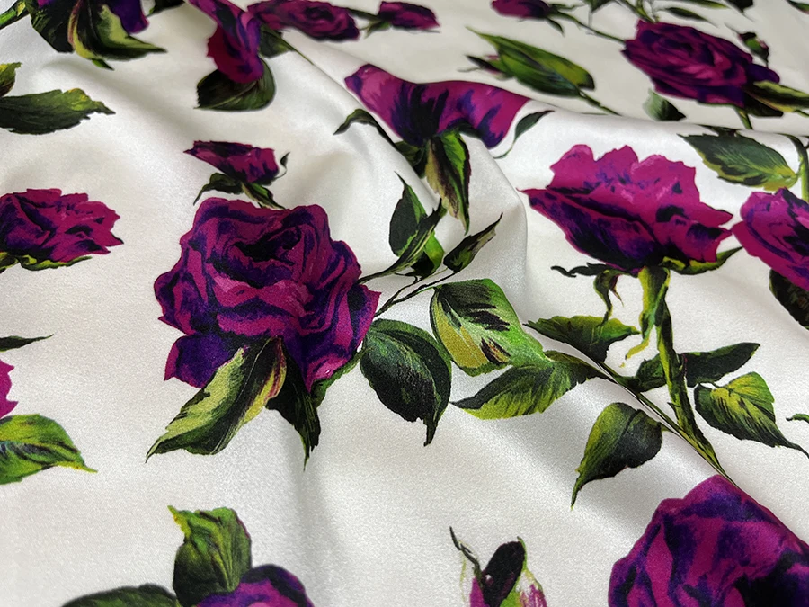 High Quality Real Silk Spandex Satin Delicate Rose Big Flower Spray Painting Fabric Dress Cloth