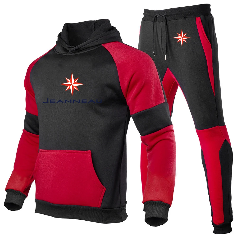 2024 Spring Autumn Men's Jeanneau Logo Print Popular Long Sleeve Hooded Tracksuit+Casual Jogging Sweatpants Patchwork Cotton Set