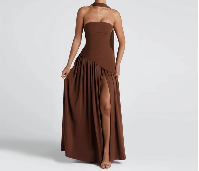 

Women's Dress New Style Sexy Scarf Collar Solid Color Side Slit Slim Fit Strapless Dress Gorgeous Socialite Style Elegant Dress