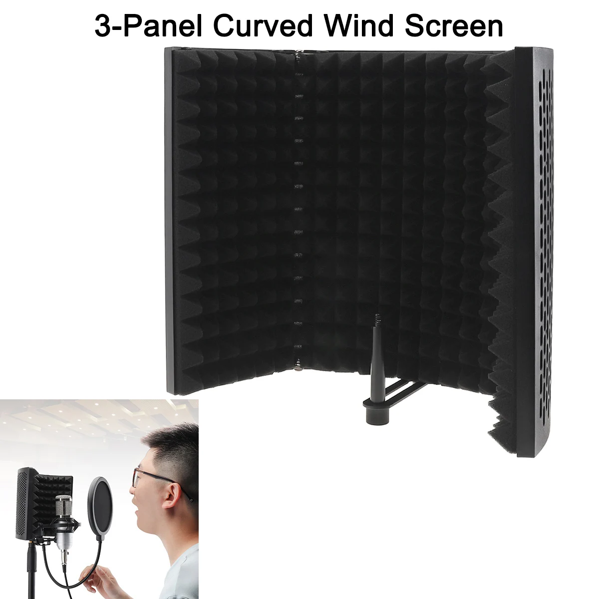 

Microphone Isolation Shield 3 Panel Curved Surface Wind Screen Foldable 3/8 and 5/8 Threaded Absorbing Foam for Recording Studio